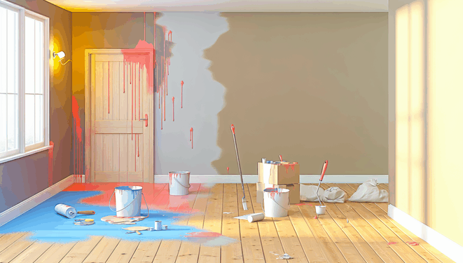alt_text: Chybné maľovanie interiéru: stekajúca farba, zlé odtiene a neporiadok. Poučné a zábavné!
