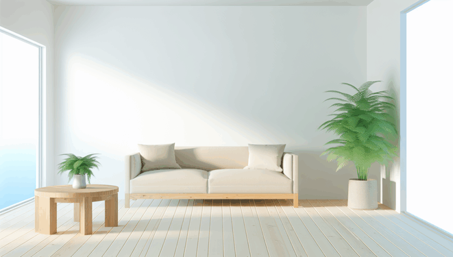 alt_text: Svetlý minimalistický interiér: béžová sedačka, nízky drevený stolík, izbová rastlina.