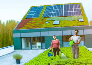 alt_text: "Moderný mestský dom so zelenou strechou, sedum, solárne panely, dve osoby zalievajú rastliny."