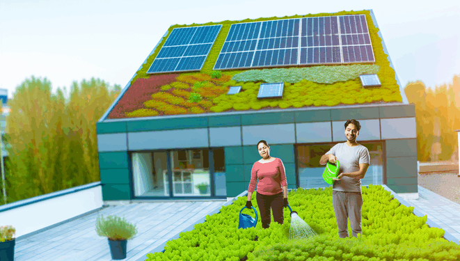 alt_text: "Moderný mestský dom so zelenou strechou, sedum, solárne panely, dve osoby zalievajú rastliny."