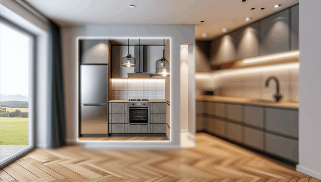Moderná kuchyňa s inteligentnými zariadeniami, minimalistickým dizajnom a otvoreným priestorom.