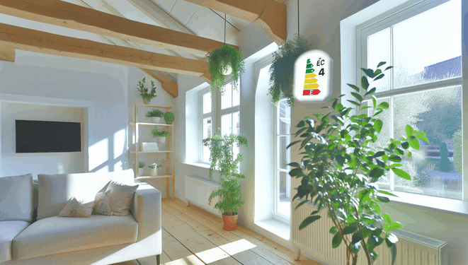 Svetlý interiér staršieho domu s úspornými prvkami, veľkými oknami a rastlinami.