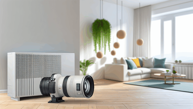 Moderný interiér s energeticky efektívnou tepelnou pumpou a ekologickým dekorom.