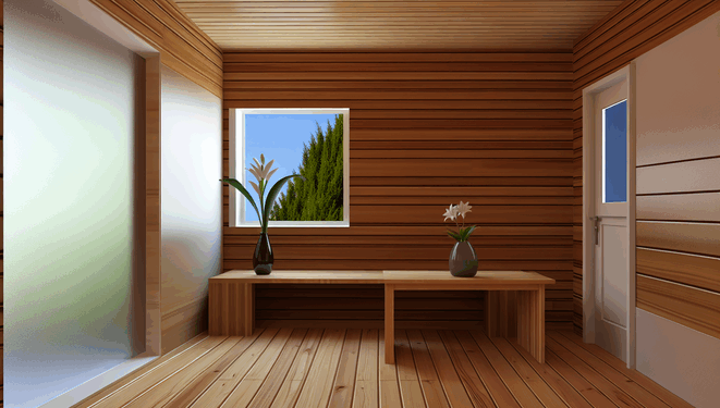 Moderná obývačka s drevenými obkladmi, stolíkom a kvetinou, otvorené okno vpúšťa prirodzené svetlo.