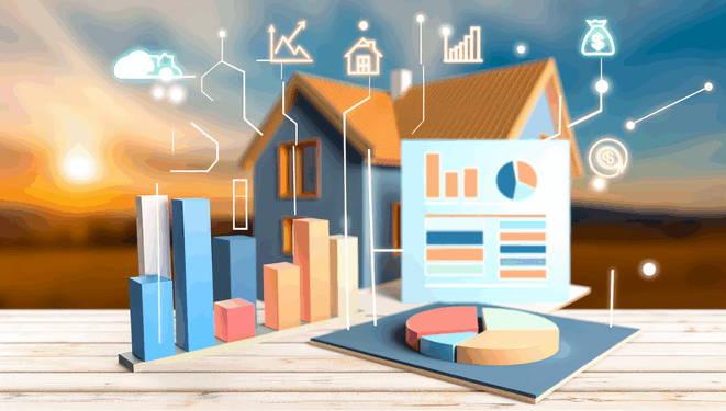 alt_text: Porovnanie izolačných materiálov s grafmi a ikonami na pozadí domu.