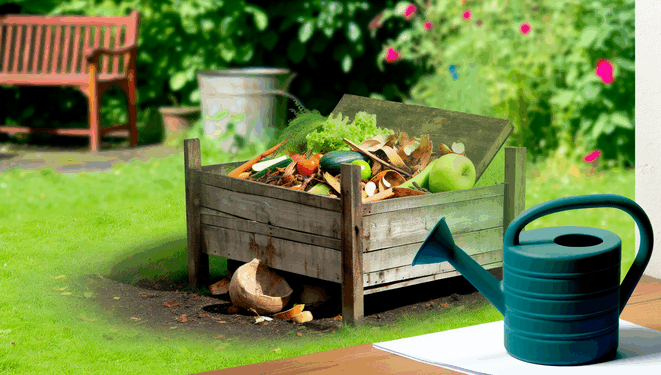 Dvor s dreveným kompostérom, odpadkami z kuchyne, zavlažovacou kanvicou a zelenými rastlinami.
