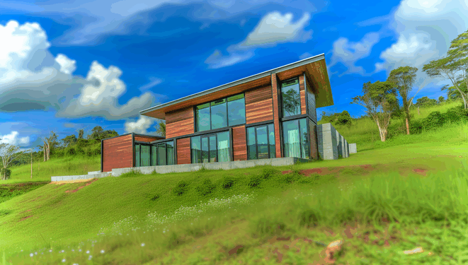 Moderný drevený dom v prírode so širokými oknami, obklopený zeleňou a modrou oblohou.