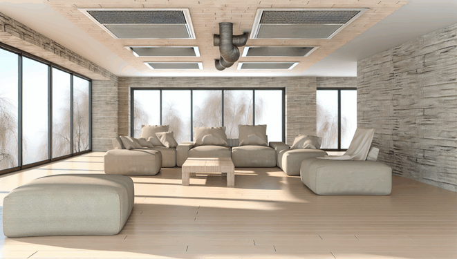 Moderná obývačka s veľkými oknami a nábytkom z prírodných materiálov, v strope ventilácia.