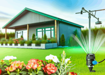 Moderná záhrada so senzorom a tryskami, trávnik, kvety, záhradný domček s riadiacou jednotkou.