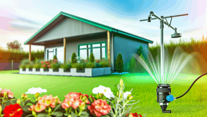 Moderná záhrada so senzorom a tryskami, trávnik, kvety, záhradný domček s riadiacou jednotkou.