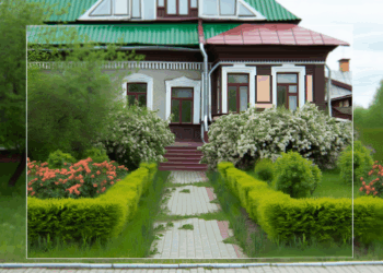 Renovovaný starý dom obklopený zelenou záhradou s kvetmi a upravenými kríkmi.