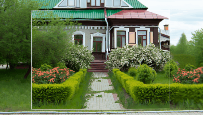 Renovovaný starý dom obklopený zelenou záhradou s kvetmi a upravenými kríkmi.