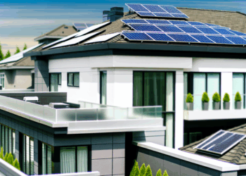 Moderná strecha s čistými solárnymi panelmi, obložená elegantnou architektúrou a záhradou.