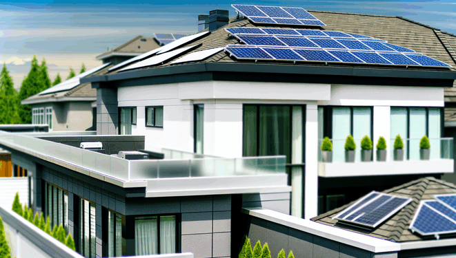 Moderná strecha s čistými solárnymi panelmi, obložená elegantnou architektúrou a záhradou.