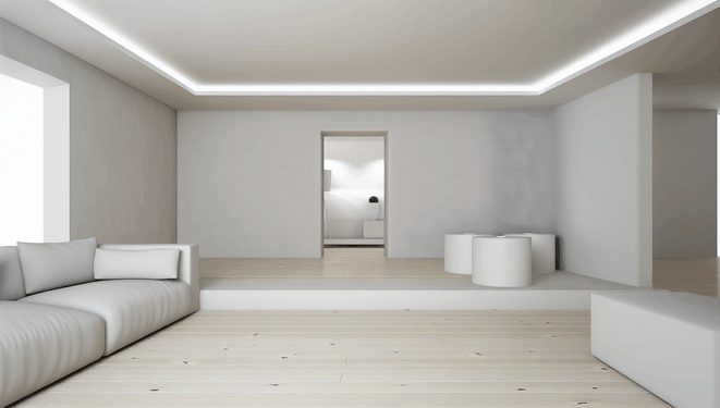 Moderná obývačka s hladkými stenami zo sadrokartónu, minimalistický dizajn, svetlé farby a súčasný nábytok.