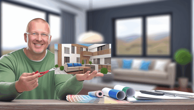 alt_text: Moderný byt v rekonštrukcii, živá atmosféra, spokojný majiteľ s dizajnovými vzorkami.