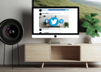 Moderná domáca kancelária s monitorom a ikonami sociálnych médií, minimalistický nábytok, rastliny.