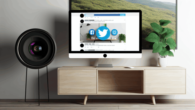 Moderná domáca kancelária s monitorom a ikonami sociálnych médií, minimalistický nábytok, rastliny.