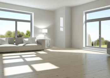 Moderná obývačka so svetlými stenami, veľkými oknami a minimalistickým nábytkom.