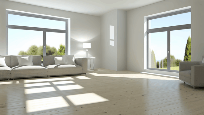 Moderná obývačka so svetlými stenami, veľkými oknami a minimalistickým nábytkom.