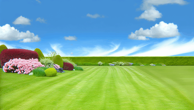 Čerstvo pokosený zelený trávnik pod modrou oblohou s kvetmi a upravenými živými plotmi.