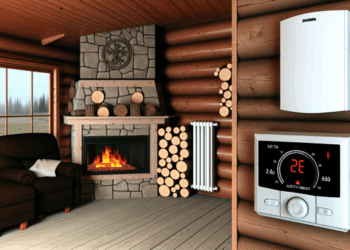 Interiér drevenej chaty s krbom, hromadou dreva, termostatom, el. kúrením a veľkými oknami.