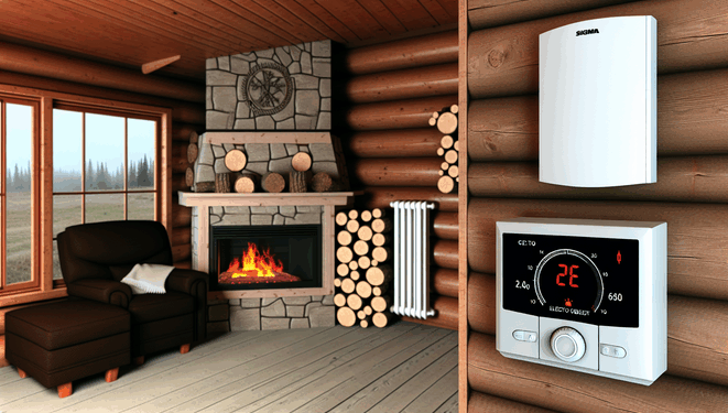 Interiér drevenej chaty s krbom, hromadou dreva, termostatom, el. kúrením a veľkými oknami.