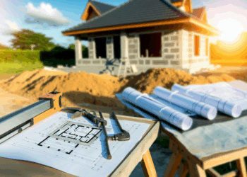 Stavenisko s rozostavaným domom, plánmi a nástrojmi na stole, so slnkom v pozadí.