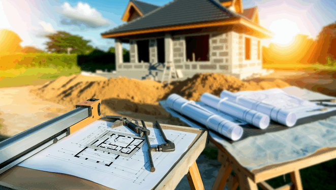 Stavenisko s rozostavaným domom, plánmi a nástrojmi na stole, so slnkom v pozadí.