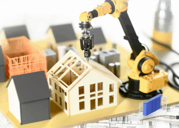 3D tlačený dom v stavebnej fáze s robotickým ramenom a ďalšími modernými stavebnými materiálmi.