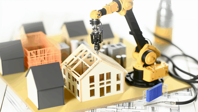 3D tlačený dom v stavebnej fáze s robotickým ramenom a ďalšími modernými stavebnými materiálmi.
