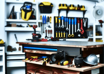 Moderná dielňa s organizovaným pracovným stolom, plným rôznych nástrojov a bezpečnostného vybavenia.