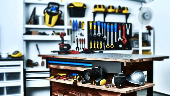 Moderná dielňa s organizovaným pracovným stolom, plným rôznych nástrojov a bezpečnostného vybavenia.