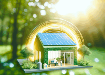 alt_text: Ekologický dom s rodinou, solárnymi panelmi a zeleňou, vyžarujúci harmóniu a udržateľnosť.