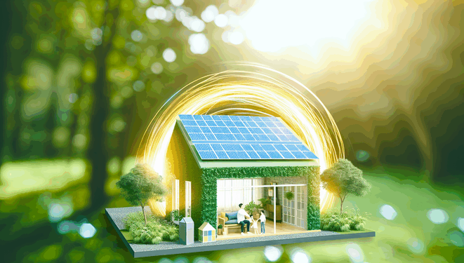 alt_text: Ekologický dom s rodinou, solárnymi panelmi a zeleňou, vyžarujúci harmóniu a udržateľnosť.