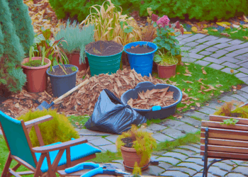 Záhrada na jeseň s mulčovanými rastlinami, zakrytými kvetináčmi a nástrojmi na lavičke.