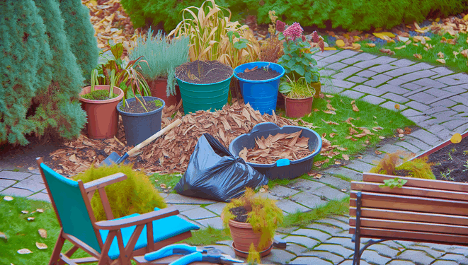 Záhrada na jeseň s mulčovanými rastlinami, zakrytými kvetináčmi a nástrojmi na lavičke.