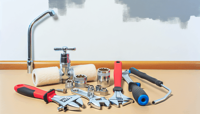 Domáca súprava na opravy na stole: kohútik, kľúče, valček, skrutkovače, zásuvky, stena s náterom.