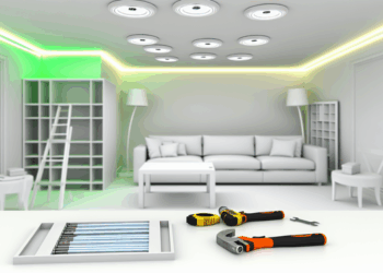 Svetlá obývačka s LED osvetlením, nástrojmi na stole, pohovkou a minimalistickou knižnicou.