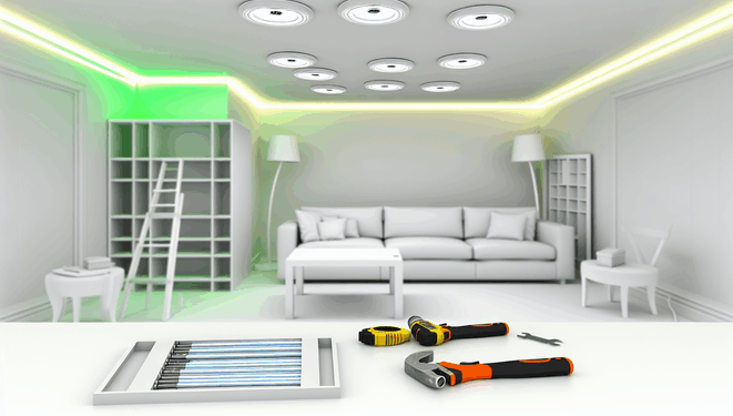 Svetlá obývačka s LED osvetlením, nástrojmi na stole, pohovkou a minimalistickou knižnicou.