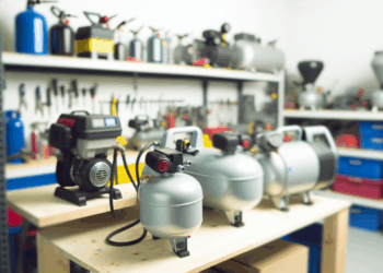 Dobre zorganizovaná domáca dielňa s rôznymi vzduchovými kompresormi na čistom pracovnom stole.