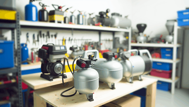Dobre zorganizovaná domáca dielňa s rôznymi vzduchovými kompresormi na čistom pracovnom stole.