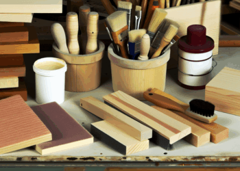 Dielňa s náradím na prácu s drevom, brúsky, štetce, nádoby na laky, kusy neopracovaného dreva.