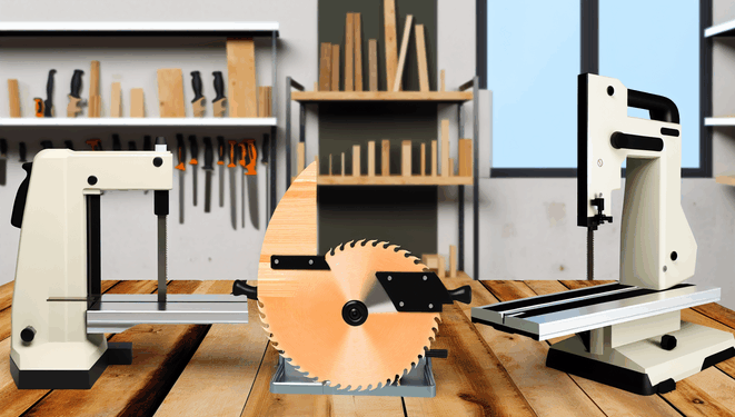 Rôzne typy pílok na modernej pracovnej doske, pozadie s policami a drevárskym náradím.