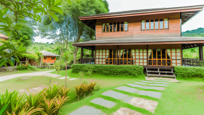 Drevený dom s veľkými oknami v zelenom prostredí, v popredí záhradný chodník k vchodu.